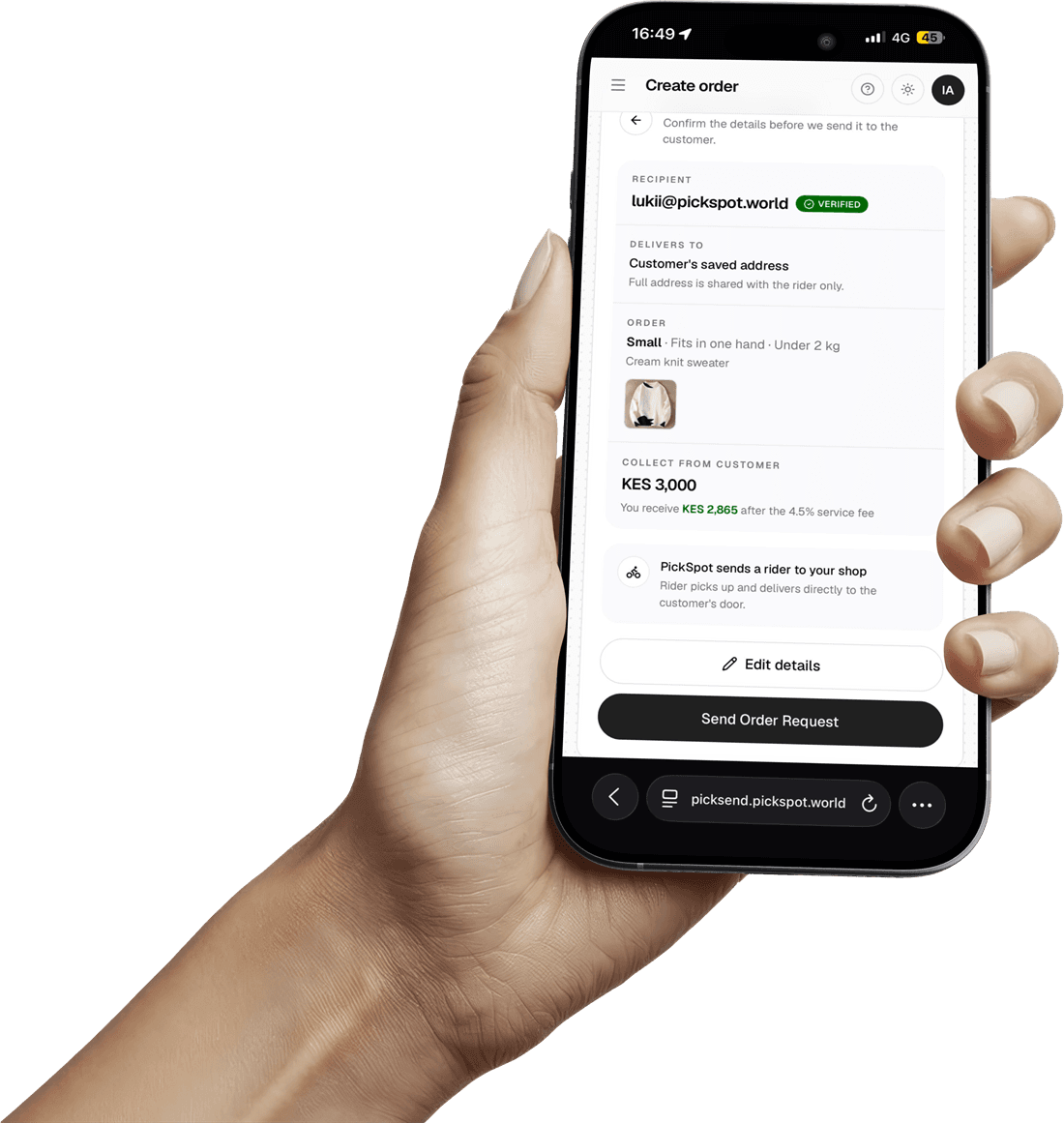 Creating a PickSend order — collect KES 3,000, you receive KES 2,865 after the 4.5% service fee