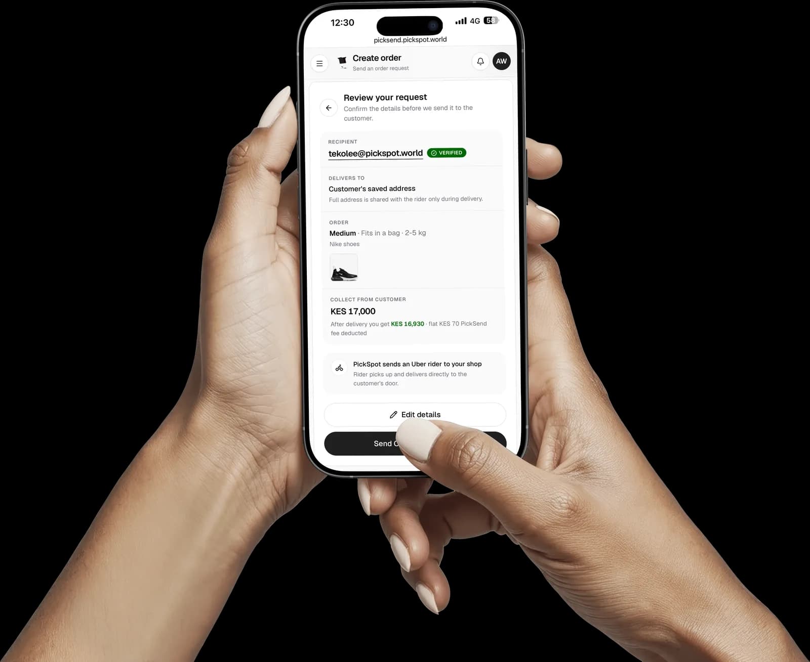 PickSend merchant app on a phone — create and manage orders